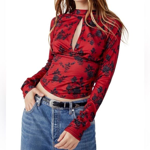 NWT Free People Dinner Party Long Sleeve S Floral Key Hole Mock Neck Retro Chic - Picture 3 of 11